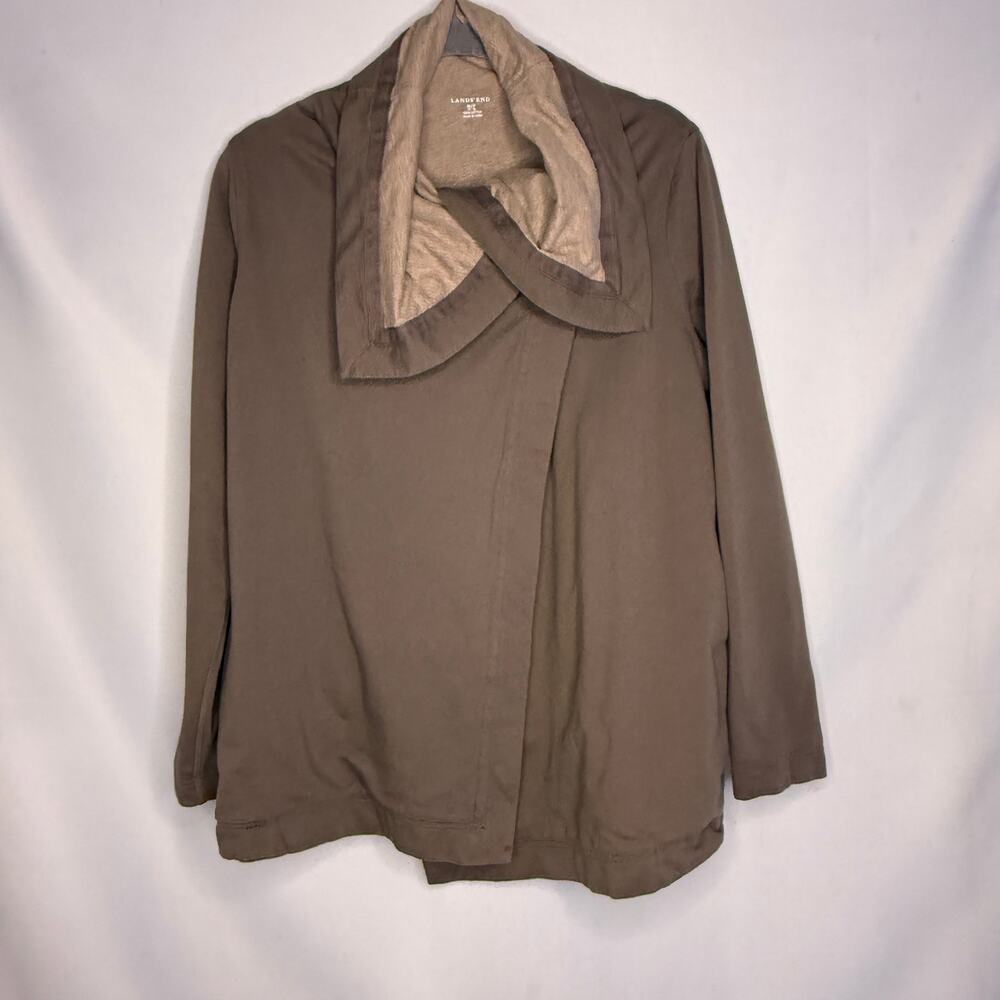 Lands End Size M Open Front Wrap Jacket Brown Cotton Drape Collar Cardigan